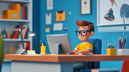 A cartoon boy sits at his desk in a home office, smiling while using a computer.