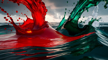 Dynamic Collision of Red and Green Liquids: A High-Speed Fluid Splash