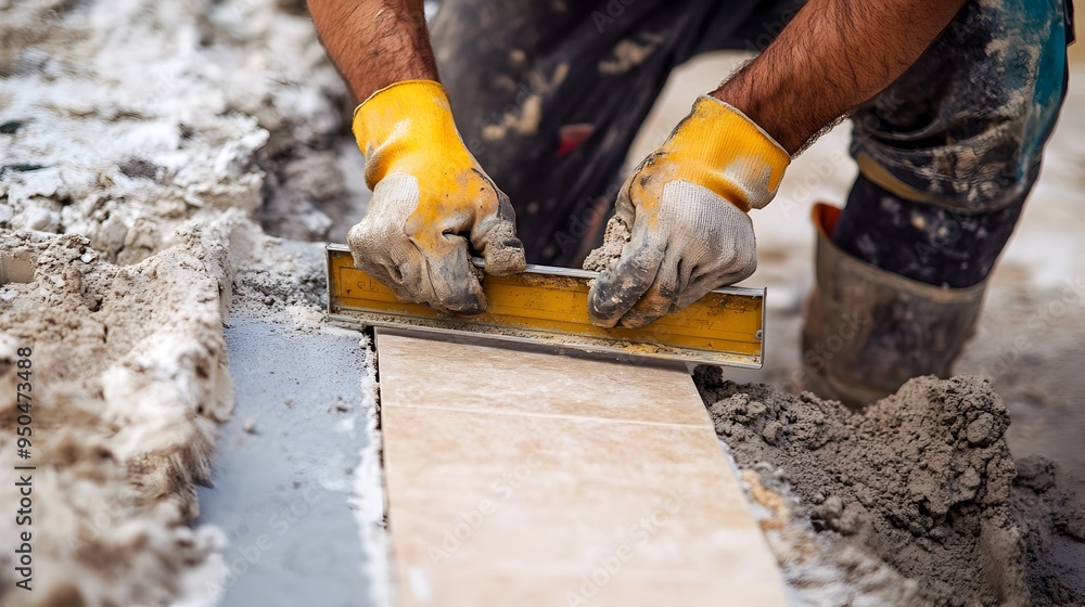 Poster construction worker meticulously using a level tool to guarantee tiles are perfectly even and aligne