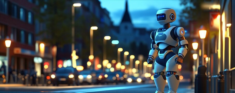A futuristic robot walks down a city street at night.