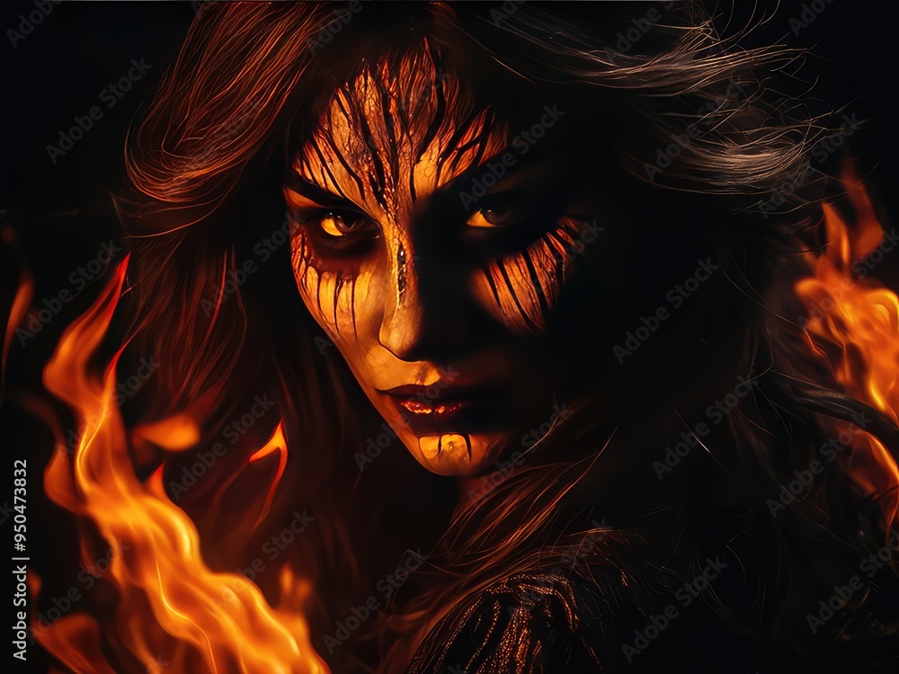 Wall mural abstract 3d background with a b woman on black background, A scary black woman's face logo in the fire on a white background. A magical creature made of fire