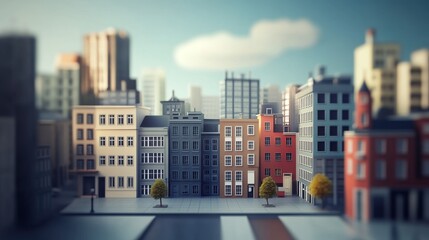 Obraz premium A miniature city skyline with colorful buildings, trees, and a single cloud in the sky.