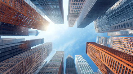 Looking up at skyscrapers under a bright blue sky