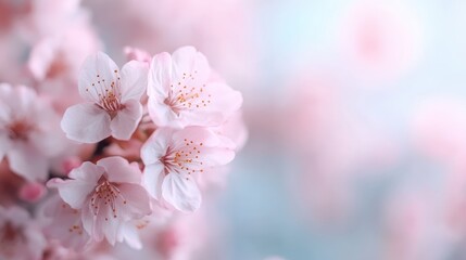 Fototapeta premium An exquisite view of pink cherry blossoms in full bloom sits against a serene blue backdrop, showcasing the intricate beauty and elegance of these floral wonders.