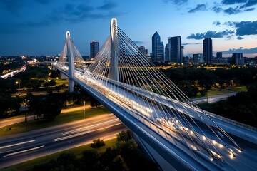 Obraz premium Bridge Cable-Stayed, Modern, and Cityscape visualized in a bustling metropolis where a modern cable-stayed bridge is a focal point of the cityâ€™s skyline, its design sleek and innovative