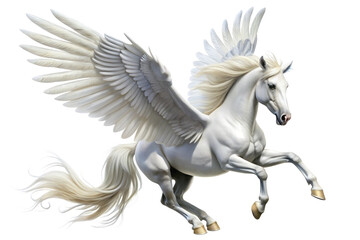 Majestic white winged horse, Pegasus, in flight,  isolated on a white background 