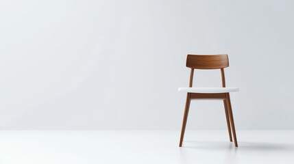 A single wooden chair with white seat against a white wall.