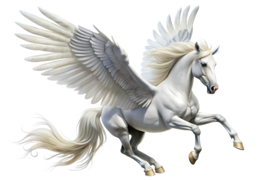 Majestic white winged horse, Pegasus, in flight,  isolated on a white background 