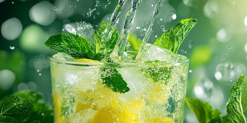 Refreshing lemon and mint drink with ice.