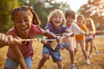 Fototapeta premium Smiling Kids Playing Tug of War in Sunny Field
