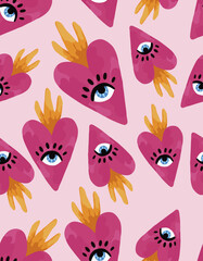 corazon con ojo abstracto y tierno sobre fondo rosa