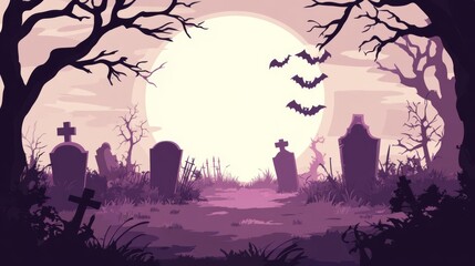 Fototapeta premium Spooky graveyard at night with full moon, bats, and barren trees, perfect for Halloween or horror-themed projects.