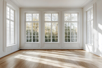 Obraz premium Empty High Ceiling Room with White Big Windows, Wooden Floor and White Walls interior design mock up