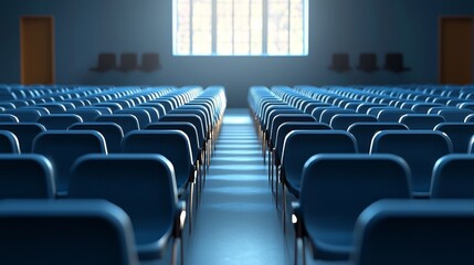 Fototapeta premium Empty auditorium with blue seats facing a large window. Sunlight illuminates the rows of seats.