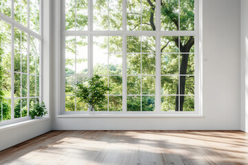 Fototapeta premium Empty High Ceiling Room with White Big Windows, Wooden Floor and White Walls interior design mock up