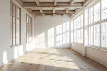 Obraz premium Empty High Ceiling Room with White Big Windows, Wooden Floor and White Walls interior design mock up