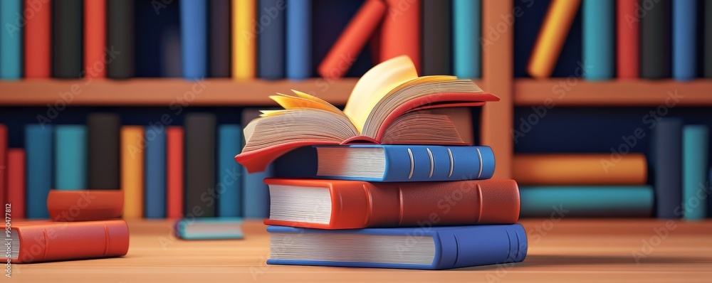 Poster open book on a stack of books in front of a bookshelf.