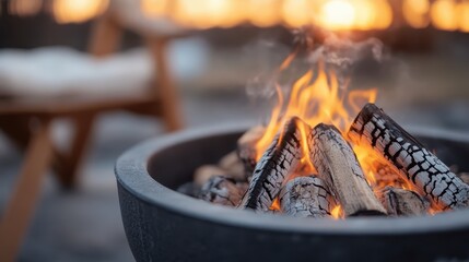 A cozy outdoor fire pit is filled with burning logs, emanating warmth and creating a relaxing atmosphere during sunset, capturing nature's beauty and tranquility.
