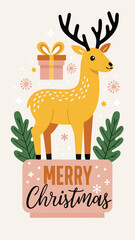 Naklejka premium Merry Christmas card design with a cute cartoon reindeer vector for festive greetings, holiday decor, and children's gifts