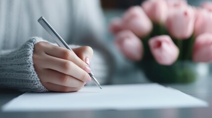A person dressed in a grey sweater writes with a pen on a white sheet of paper, with a blurry background featuring pink flowers, creating a dreamy and focused atmosphere.