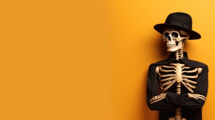 a skeleton in a hat and suit on an orange background with an empty place for text