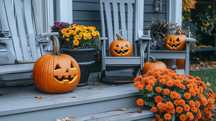 Halloweenowy przedni taras z charakterystycznymi dyniami Jack-o'-lantern o groźnych wyrazach na szarej i białej podłodze.