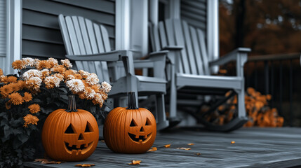 Obraz premium Halloweenowy przedni taras z charakterystycznymi dyniami Jack-o'-lantern o groźnych wyrazach na szarej i białej podłodze.