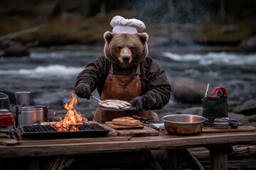 A bear dressed as a chef skillfully grills fish on a wooden table near a river in a wilderness setting, creating a delightful and imaginative culinary scene in nature.