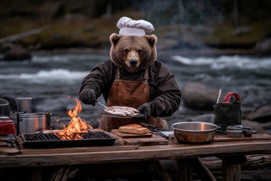 A bear dressed as a chef skillfully grills fish on a wooden table near a river in a wilderness setting, creating a delightful and imaginative culinary scene in nature.
