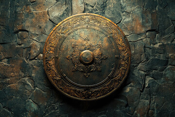 Naklejka premium An exquisite bronze shield adorned with intricate designs, embodying craftsmanship and historical significance.