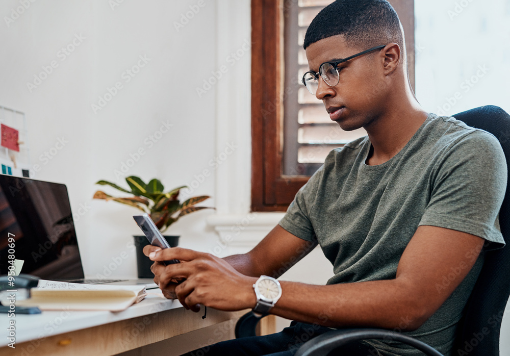 Poster Man, phone and reading at startup, office and contact with mobile networking at digital company. Person, writer and smartphone with glasses, texting and social media in workplace at creative agency