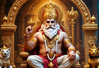 Fototapeta premium Golden Hindu Deity Statue with Lions