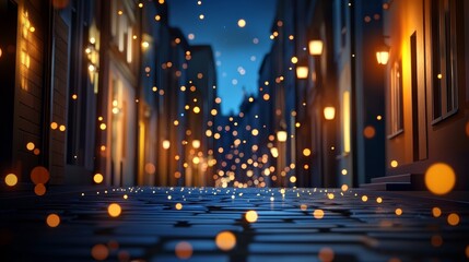A magical night scene with glowing lanterns floating above a cobblestone street.