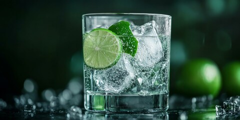 Lime and ice in a glass of water.