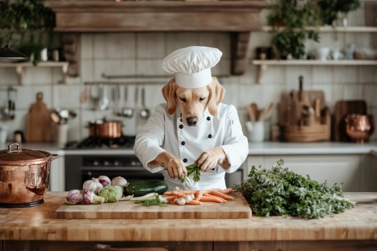 A dog wearing chef attire carefully arranges fresh vegetables on a wooden kitchen counter, showcasing a fun and creative take on culinary arts in a cozy kitchen setting.