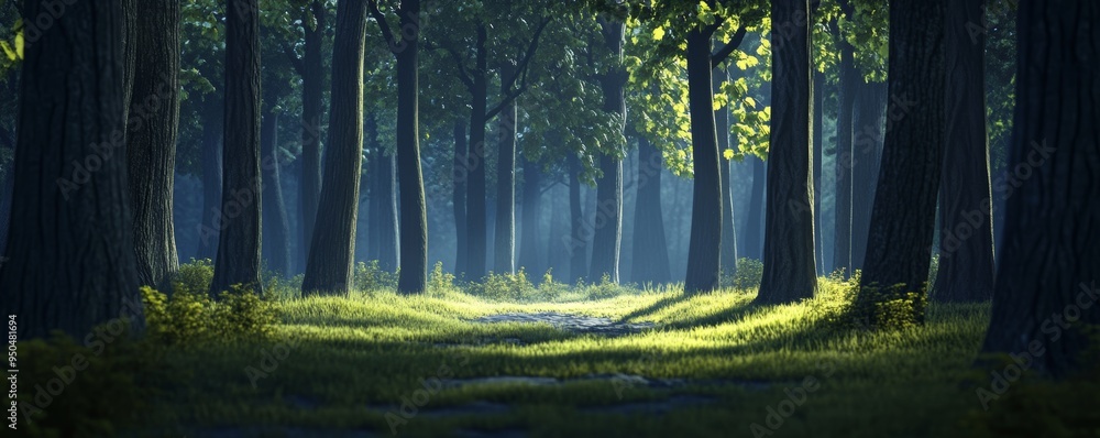 Poster a path through a dense forest, sunlight filtering through the leaves.