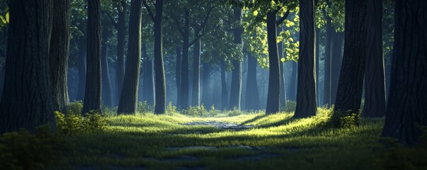 A path through a dense forest, sunlight filtering through the leaves.