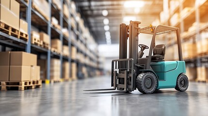 Naklejka premium Sleek green forklift in a spacious industrial warehouse, organized logistics and efficiency