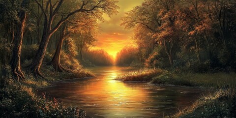 Obraz premium Sunset over a river flowing through a forest.