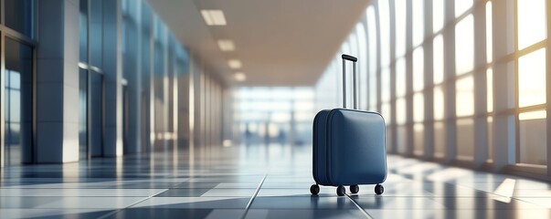 A suitcase stands alone in a spacious, modern airport hallway.