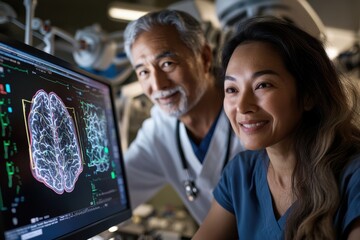 Two doctors analyzing brain data on a computer screen, reflecting the collaborative nature of medical research and the use of advanced technology in healthcare.