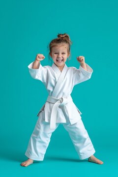 Child in a white kimono practicing karate, set against a solid color background. Focus and discipline of martial arts training, kid is a winner or champion in their practice.