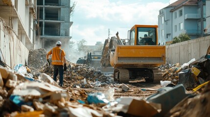 Construction Site with Excavator and Worker