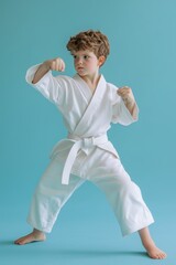Child in a white kimono practicing karate, set against a solid color background. Focus and discipline of martial arts training, kid is a winner or champion in their practice.