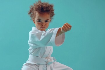Child in a white kimono practicing karate, set against a solid color background. Focus and discipline of martial arts training, kid is a winner or champion in their practice.