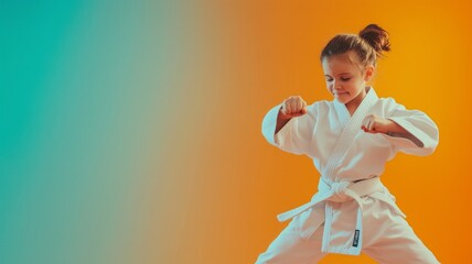 Child in a white kimono practicing karate, set against a solid color background. Focus and discipline of martial arts training, kid is a winner or champion in their practice.