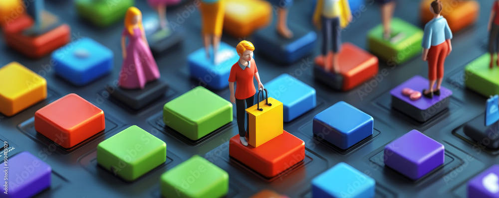 Poster abstract colorful figures standing on colorful blocks.