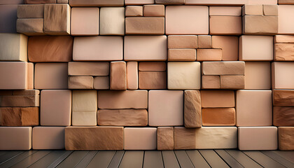 A textured wall made of bricks in various shades of beige and brown with a wooden floor beneath it