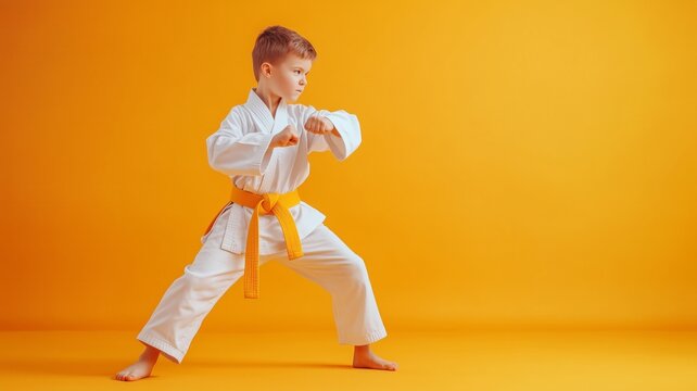 Child in a white kimono practicing karate, set against a solid color background. Focus and discipline of martial arts training, kid is a winner or champion in their practice.