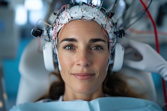 A woman undergoes a neurological test wearing electrodes and headphones in a clinical setting, emphasizing advanced medical technology used for brain research and diagnostics.